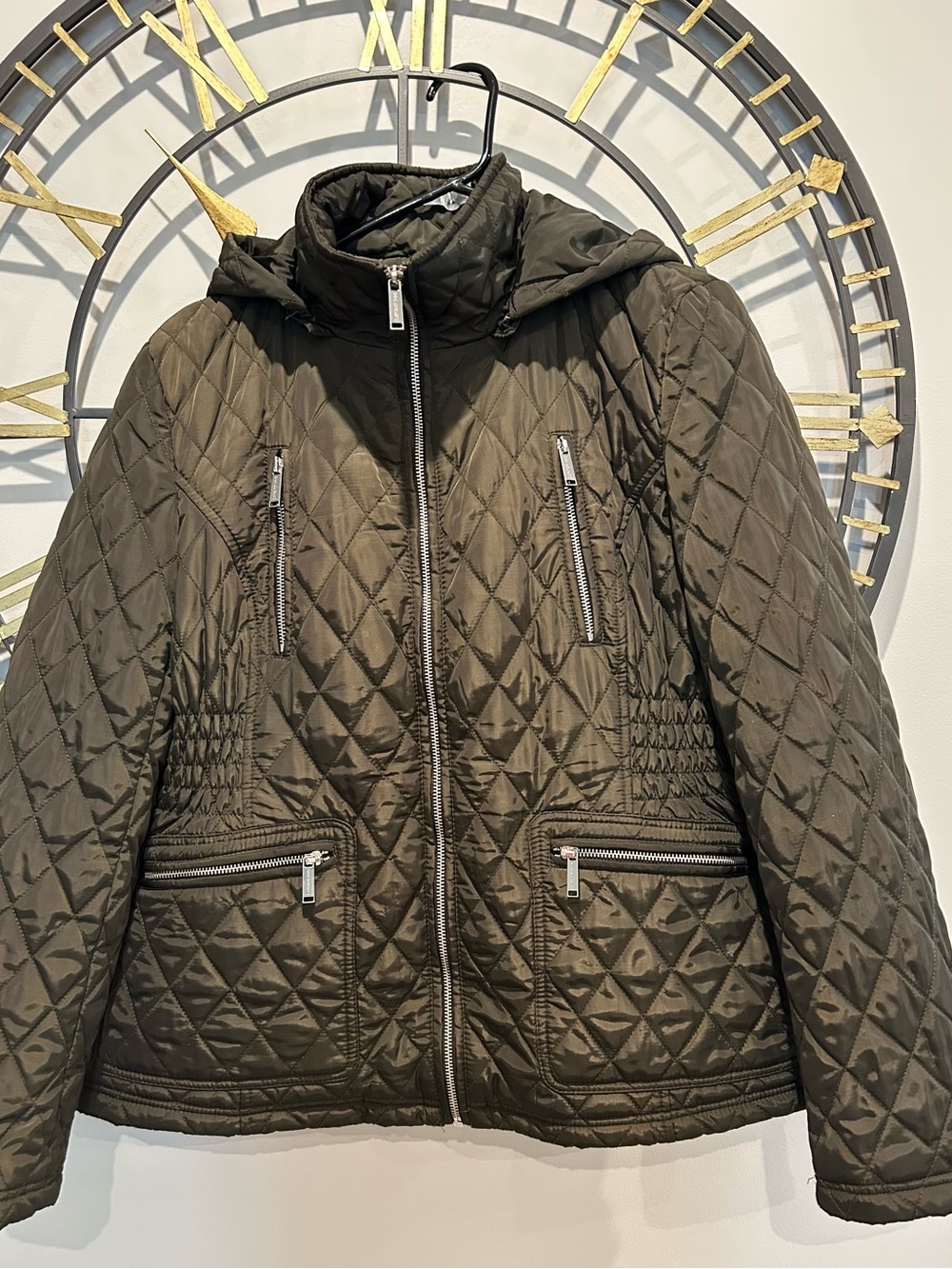 London Fog Quilted Hooded Puffer Jacket in Olive Green.